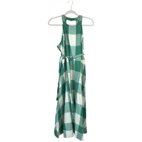ANTHROPOLOGIE Maeve Greta Gingham Dress Size 8 Green Check Retro Linen Midi - Picture 2 of 8